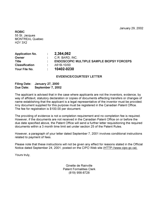 Document de brevet canadien 2364062. Correspondance 20020123. Image 1 de 1