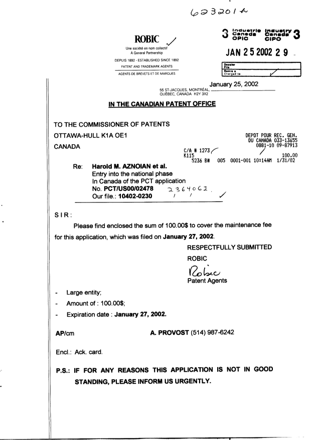 Document de brevet canadien 2364062. Taxes 20020125. Image 1 de 1