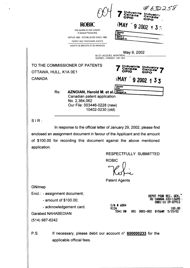Document de brevet canadien 2364062. Cession 20020509. Image 1 de 3