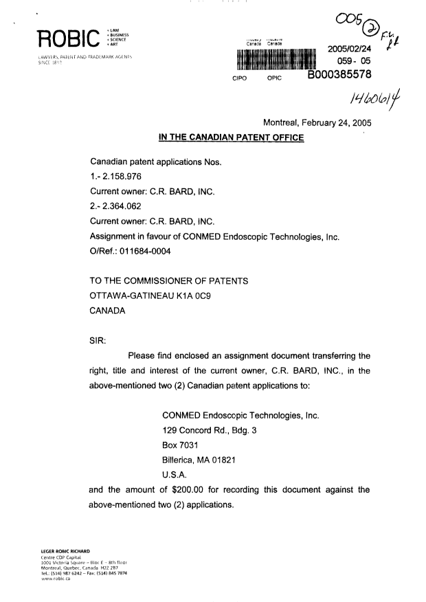 Document de brevet canadien 2364062. Cession 20050224. Image 1 de 3