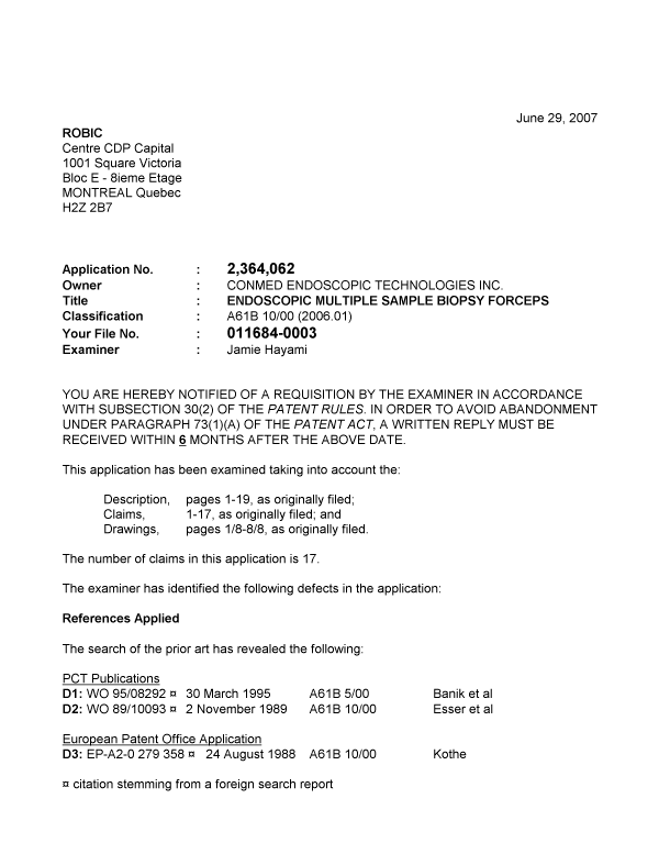 Document de brevet canadien 2364062. Poursuite-Amendment 20070629. Image 1 de 3