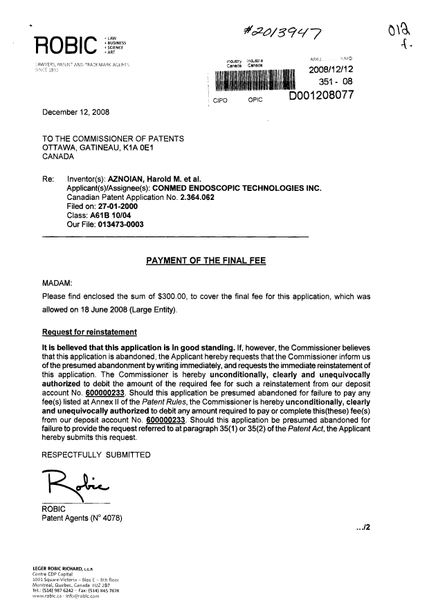 Document de brevet canadien 2364062. Correspondance 20081212. Image 1 de 2