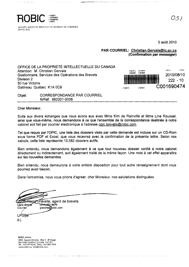 Document de brevet canadien 2364062. Correspondance 20100810. Image 1 de 1