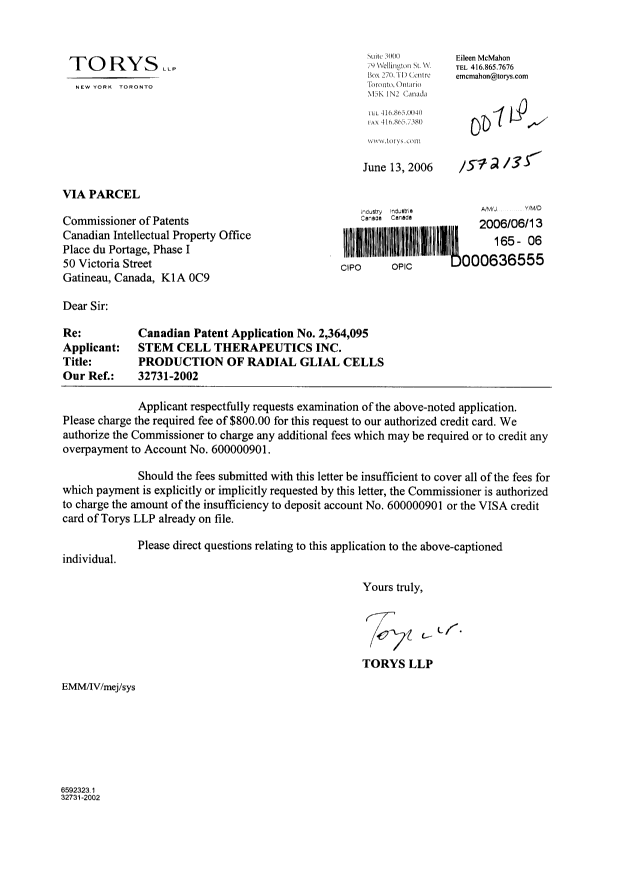 Canadian Patent Document 2364095. Prosecution-Amendment 20060613. Image 1 of 1