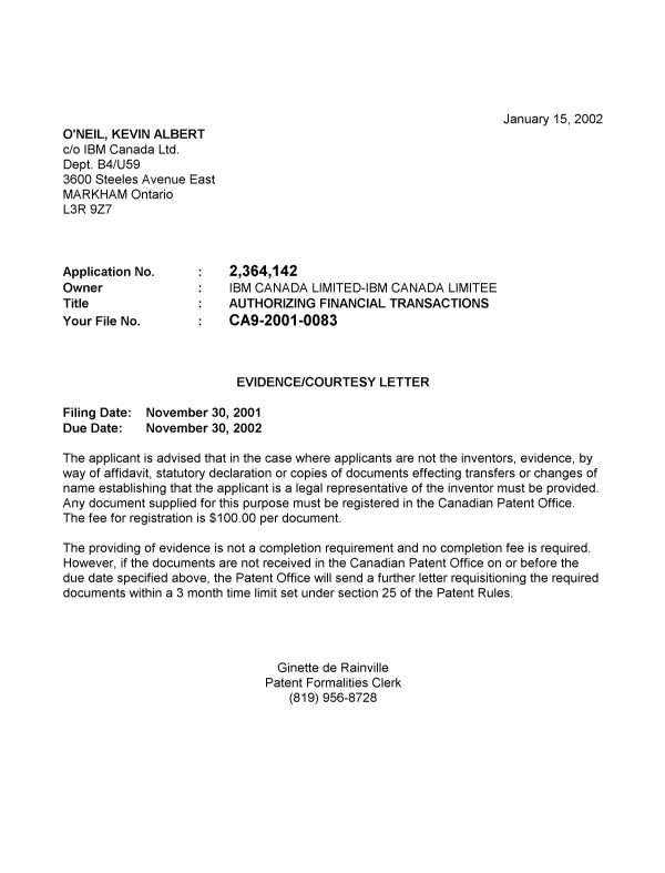 Canadian Patent Document 2364142. Correspondence 20011209. Image 1 of 1