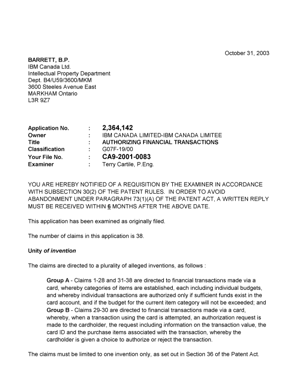 Document de brevet canadien 2364142. Poursuite-Amendment 20021231. Image 1 de 4