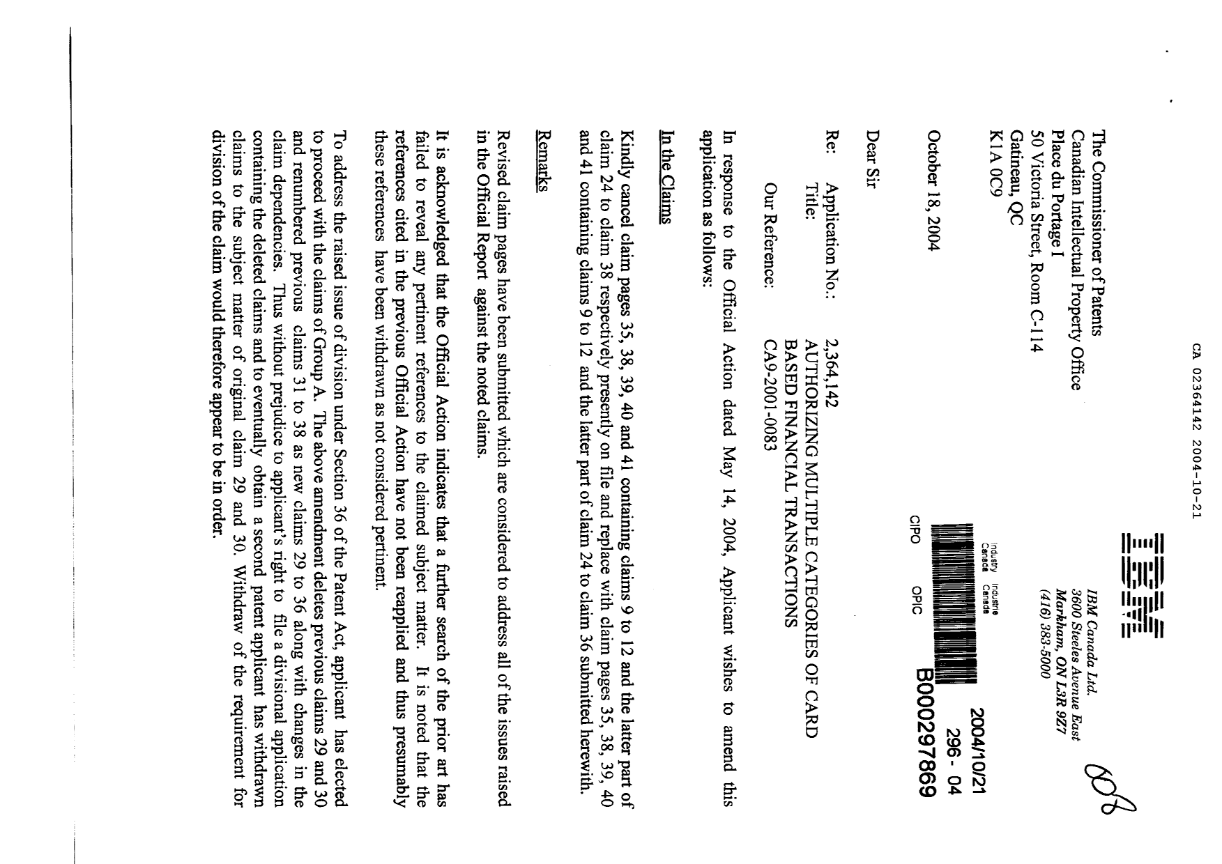 Canadian Patent Document 2364142. Prosecution-Amendment 20031221. Image 1 of 7