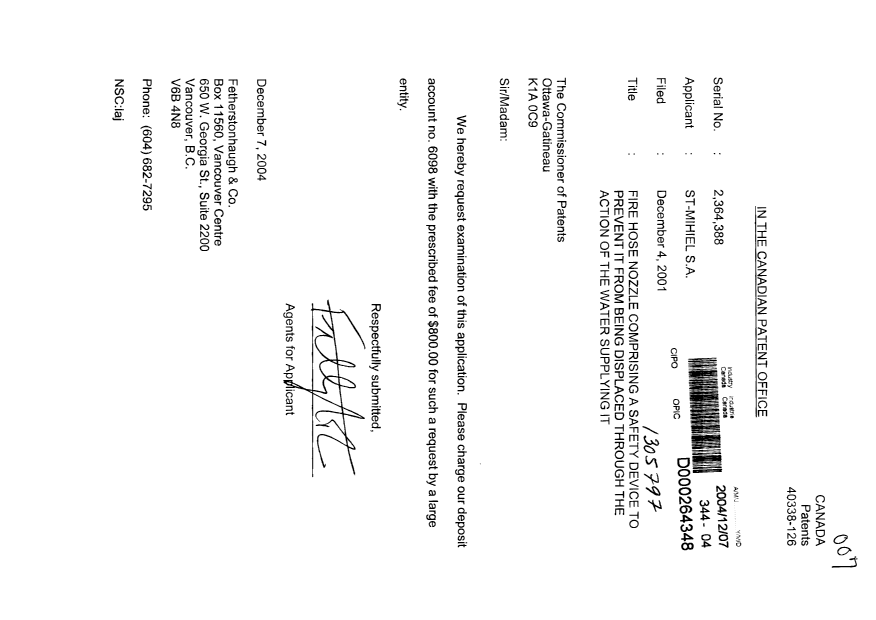 Canadian Patent Document 2364388. Prosecution-Amendment 20041207. Image 1 of 1