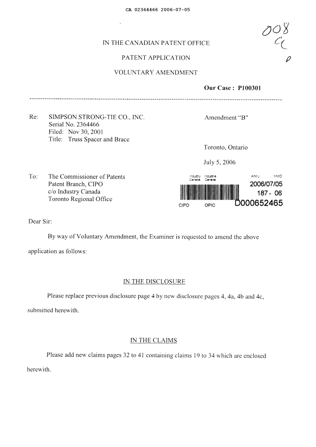 Canadian Patent Document 2364466. Prosecution-Amendment 20060705. Image 1 of 16