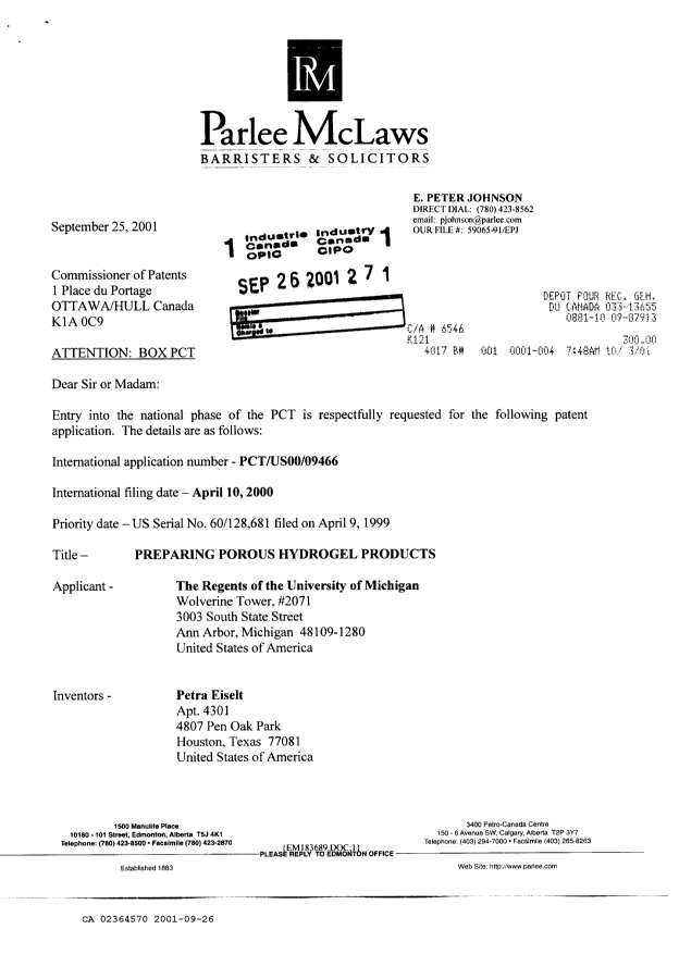 Document de brevet canadien 2364570. Cession 20010926. Image 1 de 11