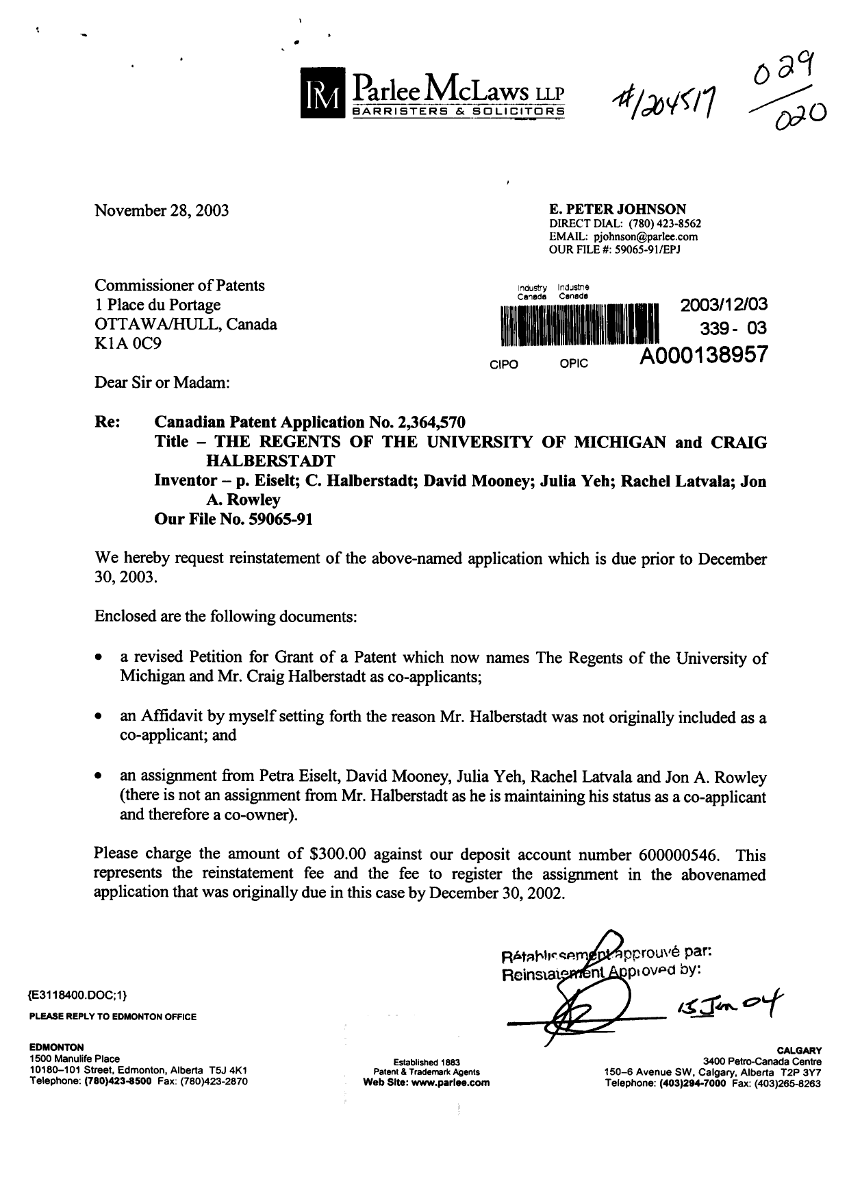 Document de brevet canadien 2364570. Correspondance 20031203. Image 1 de 16