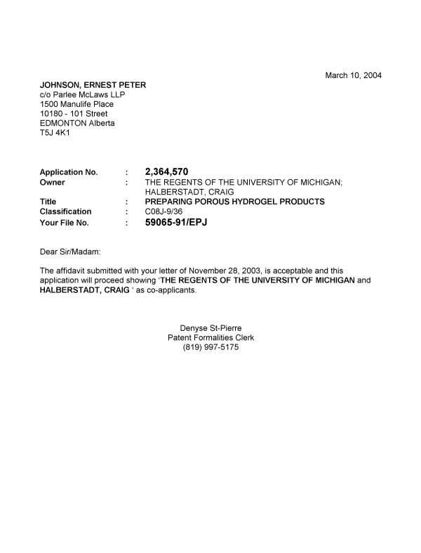 Canadian Patent Document 2364570. Correspondence 20031210. Image 1 of 1
