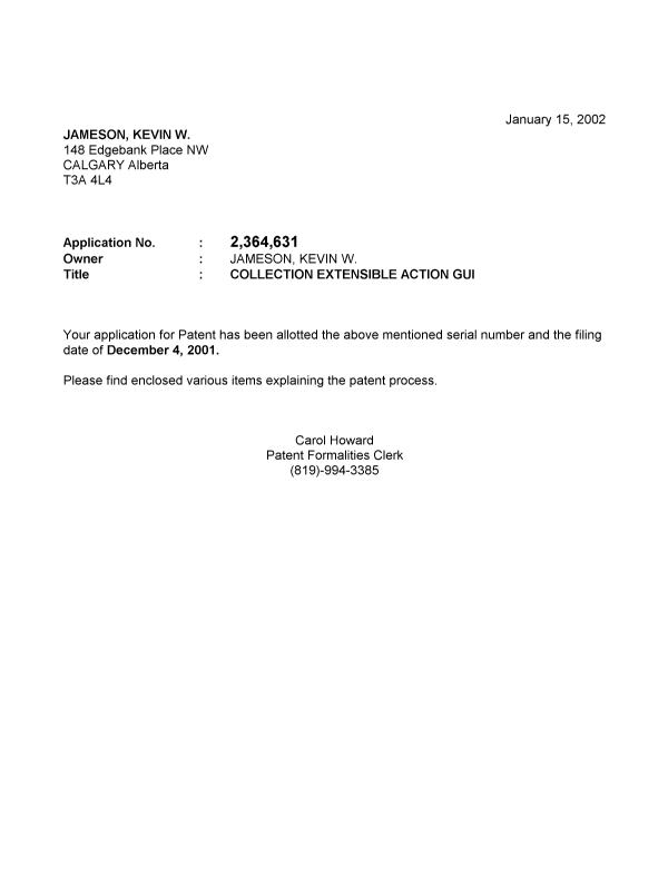 Canadian Patent Document 2364631. Correspondence 20011214. Image 1 of 1