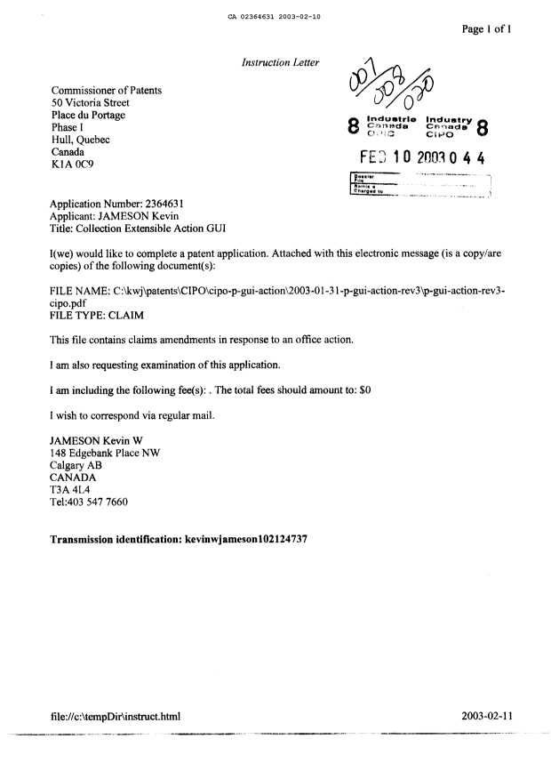 Canadian Patent Document 2364631. Correspondence 20021210. Image 1 of 2