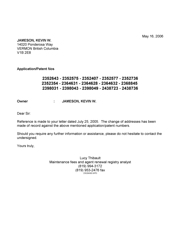 Canadian Patent Document 2364631. Correspondence 20051216. Image 1 of 1