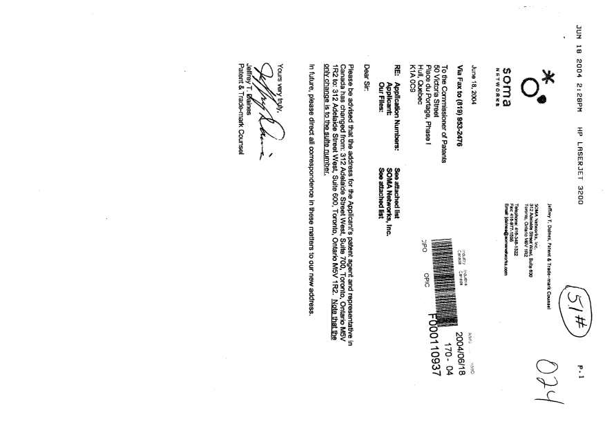 Canadian Patent Document 2364860. Correspondence 20040618. Image 1 of 4