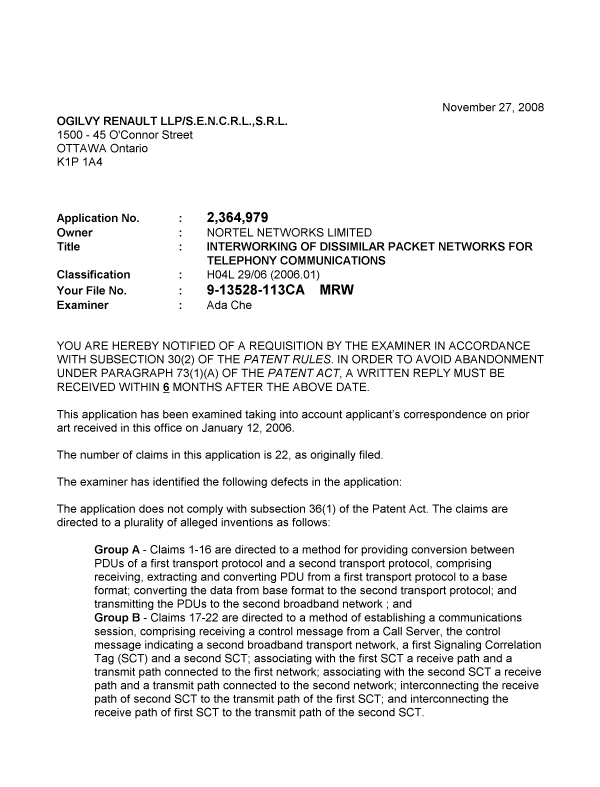 Document de brevet canadien 2364979. Poursuite-Amendment 20081127. Image 1 de 3