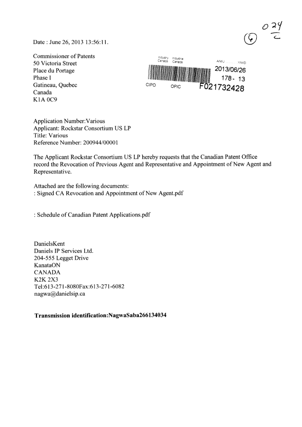 Document de brevet canadien 2364979. Correspondance 20130626. Image 1 de 3