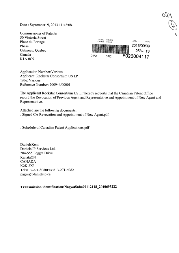 Document de brevet canadien 2364979. Correspondance 20130909. Image 1 de 3