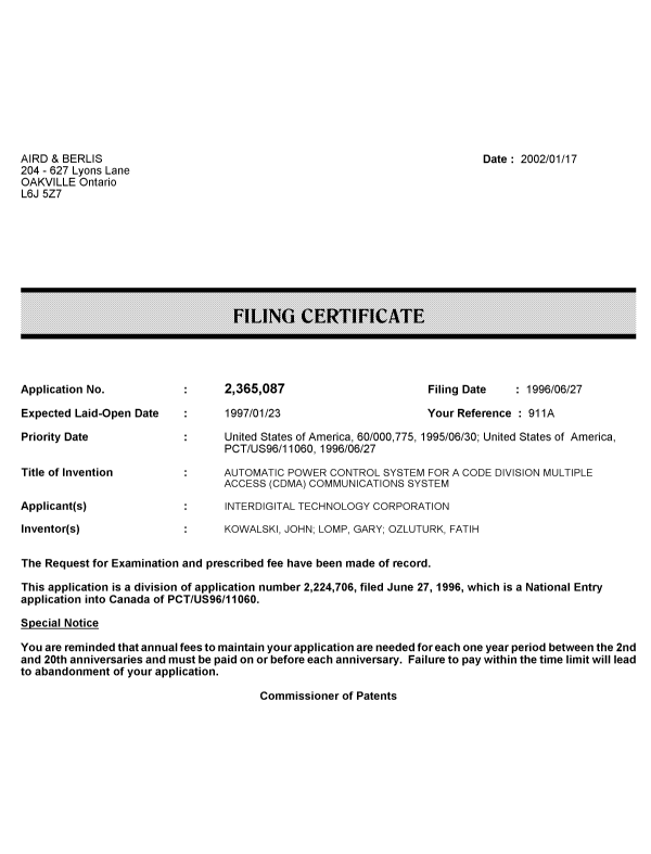 Canadian Patent Document 2365087. Correspondence 20020117. Image 1 of 1