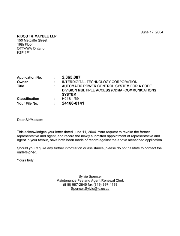 Canadian Patent Document 2365087. Correspondence 20040617. Image 1 of 1