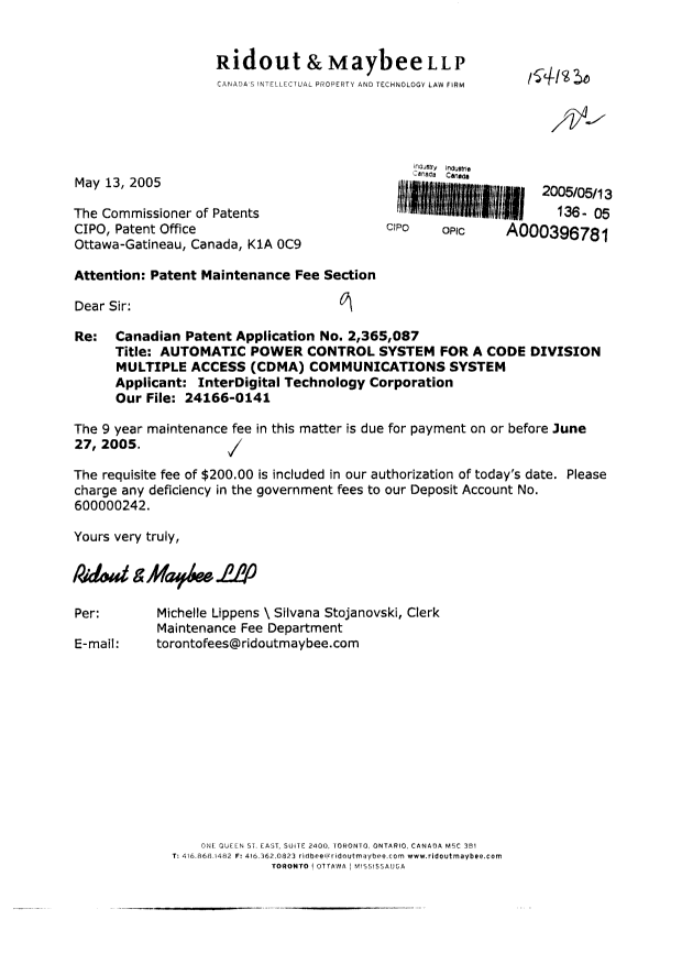 Canadian Patent Document 2365087. Fees 20050513. Image 1 of 1