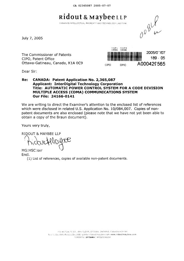 Canadian Patent Document 2365087. Prosecution-Amendment 20050707. Image 1 of 1