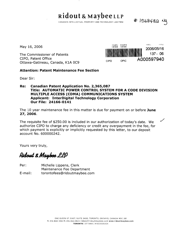 Canadian Patent Document 2365087. Fees 20060516. Image 1 of 1