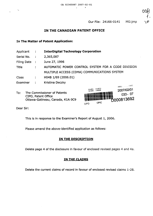 Canadian Patent Document 2365087. Prosecution-Amendment 20070201. Image 1 of 9