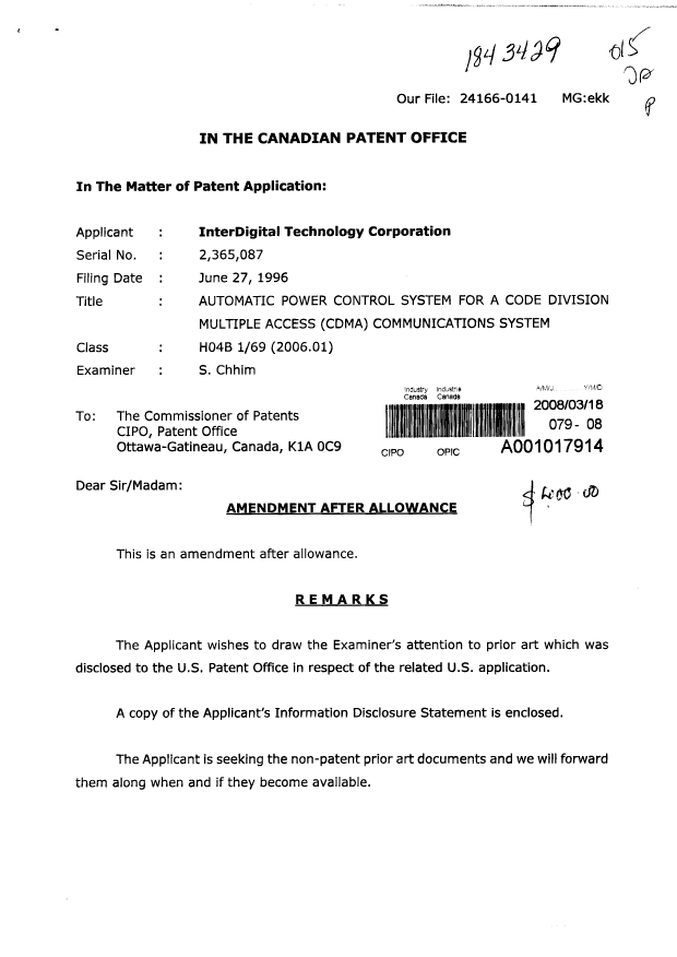 Canadian Patent Document 2365087. Prosecution-Amendment 20080318. Image 1 of 2