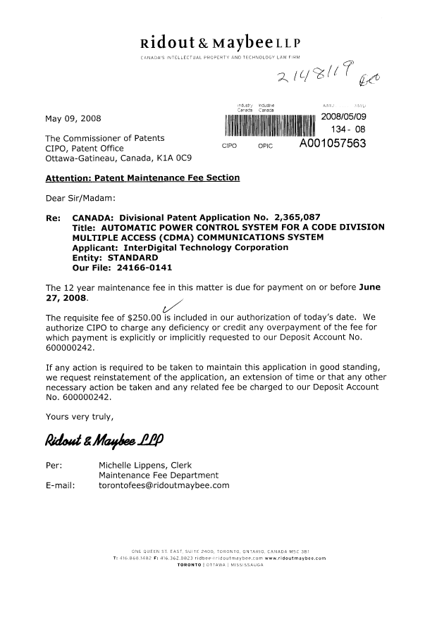 Canadian Patent Document 2365087. Fees 20080509. Image 1 of 1