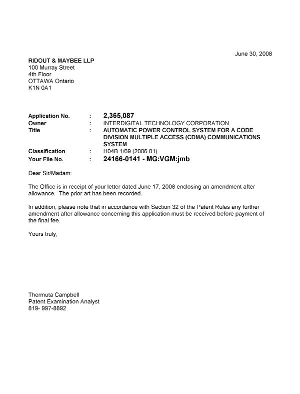 Canadian Patent Document 2365087. Prosecution-Amendment 20080630. Image 1 of 1