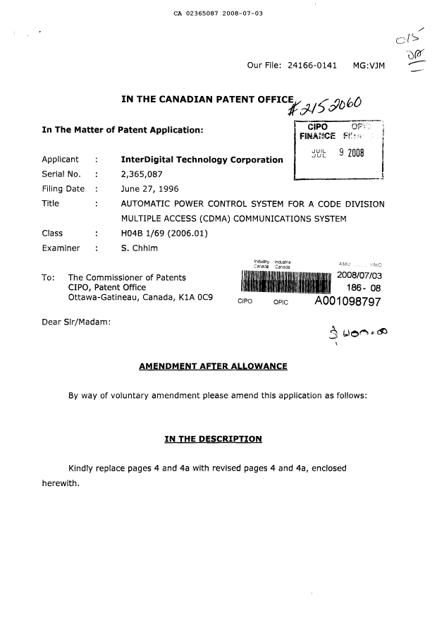 Canadian Patent Document 2365087. Prosecution-Amendment 20080703. Image 1 of 15