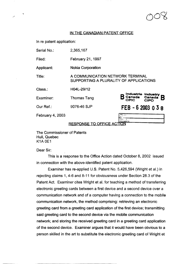 Canadian Patent Document 2365167. Prosecution-Amendment 20030206. Image 1 of 3
