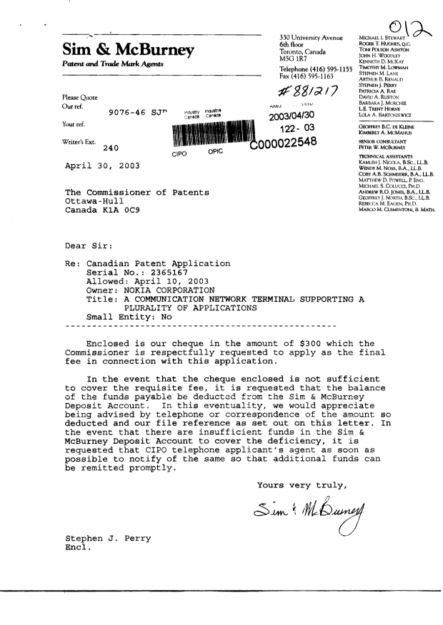 Document de brevet canadien 2365167. Correspondance 20030430. Image 1 de 1