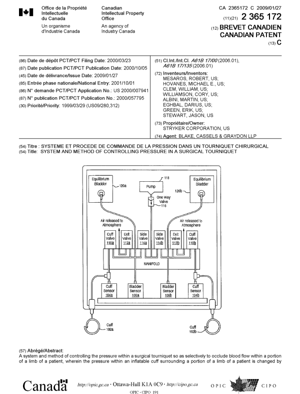 Canadian Patent Document 2365172. Cover Page 20090113. Image 1 of 2