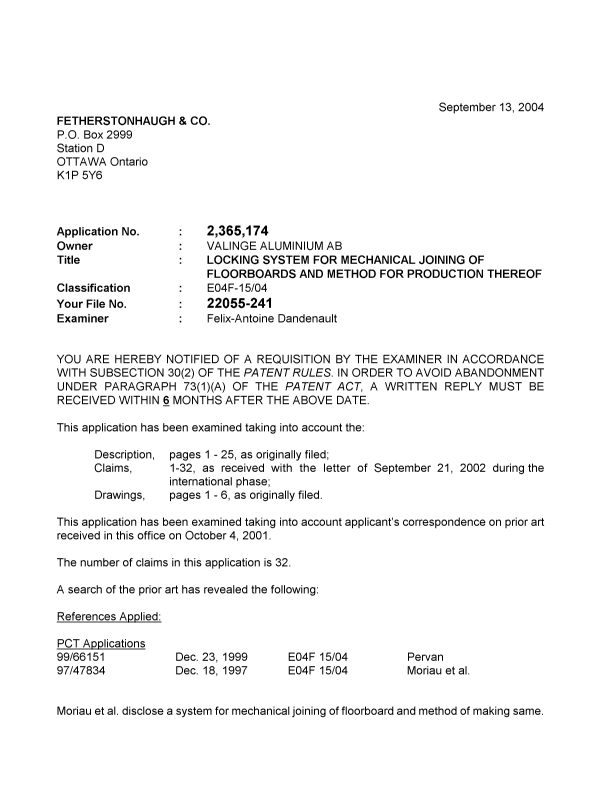 Document de brevet canadien 2365174. Poursuite-Amendment 20040913. Image 1 de 3