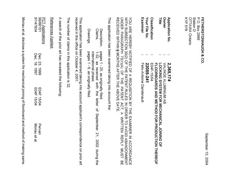 Canadian Patent Document 2365174. Prosecution-Amendment 20040913. Image 1 of 3