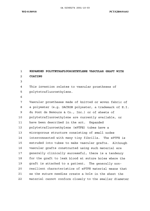 Canadian Patent Document 2365274. Description 20011003. Image 1 of 24