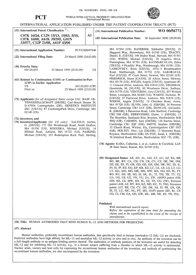 Document de brevet canadien 2365281. Abrégé 20001224. Image 1 de 1
