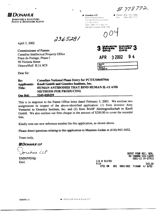 Document de brevet canadien 2365281. Cession 20011203. Image 1 de 5