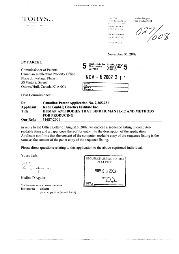 Canadian Patent Document 2365281. Prosecution-Amendment 20011206. Image 1 of 146