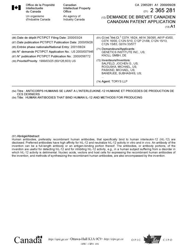 Document de brevet canadien 2365281. Page couverture 20011213. Image 1 de 2