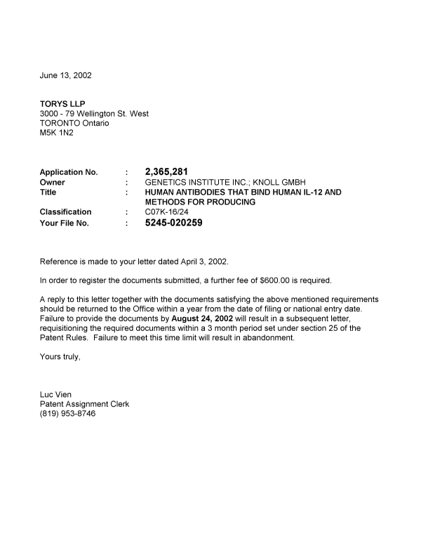 Document de brevet canadien 2365281. Correspondance 20011213. Image 1 de 1