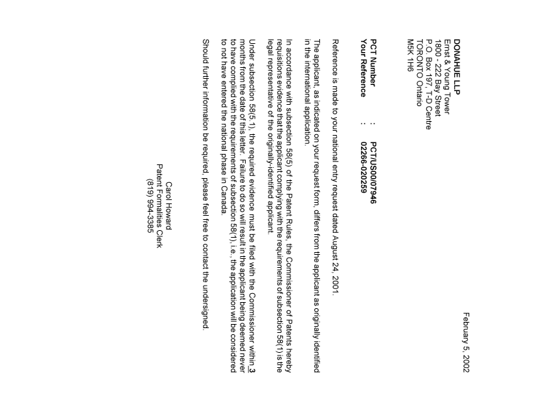 Canadian Patent Document 2365281. Correspondence 20011231. Image 1 of 1