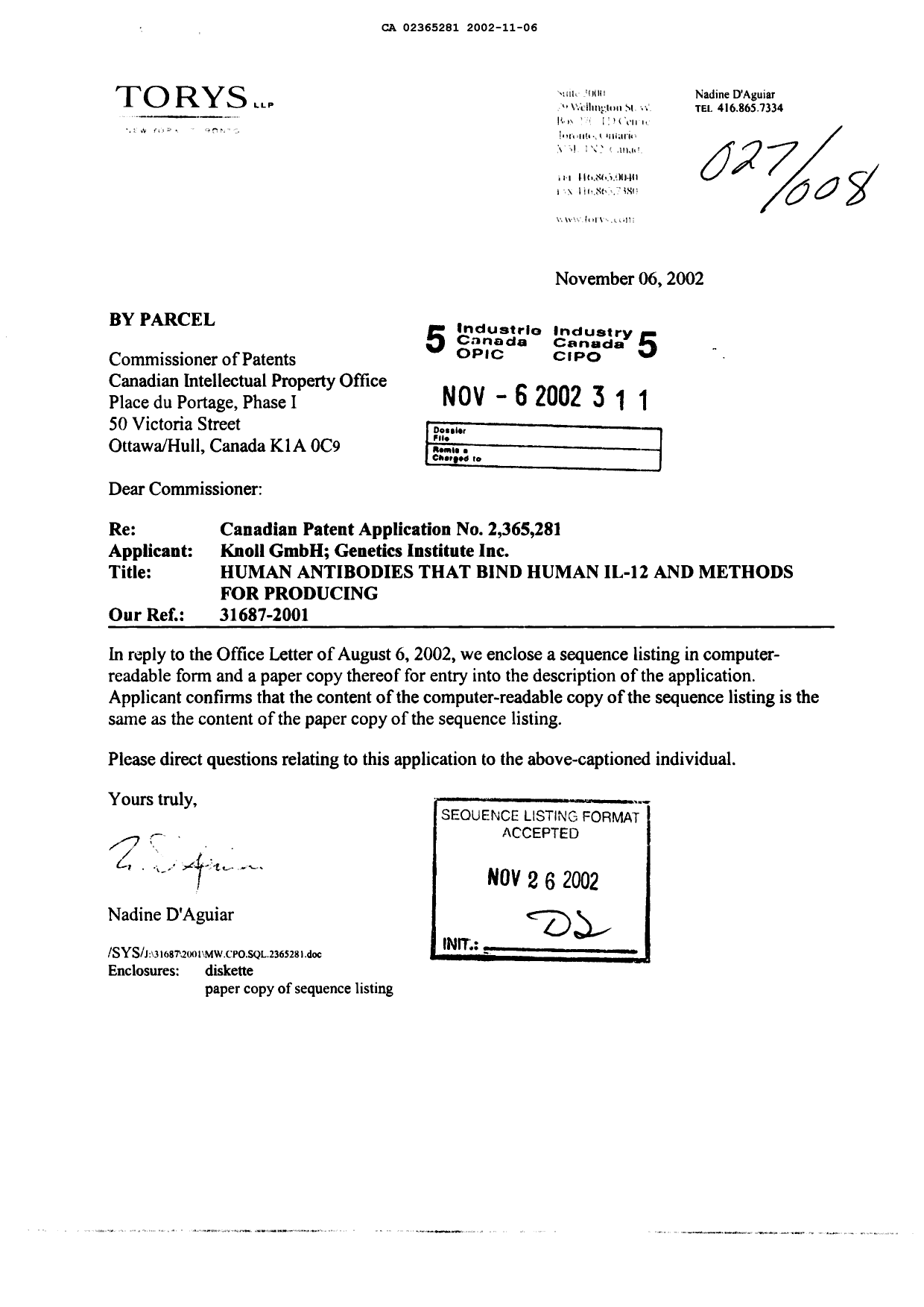 Document de brevet canadien 2365281. Poursuite-Amendment 20021106. Image 1 de 146