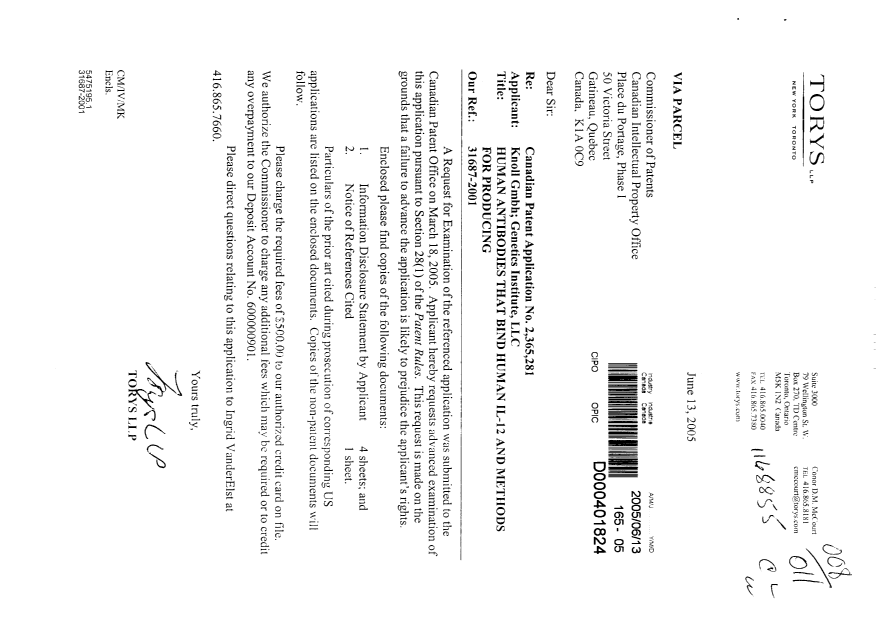 Document de brevet canadien 2365281. Poursuite-Amendment 20041213. Image 1 de 1