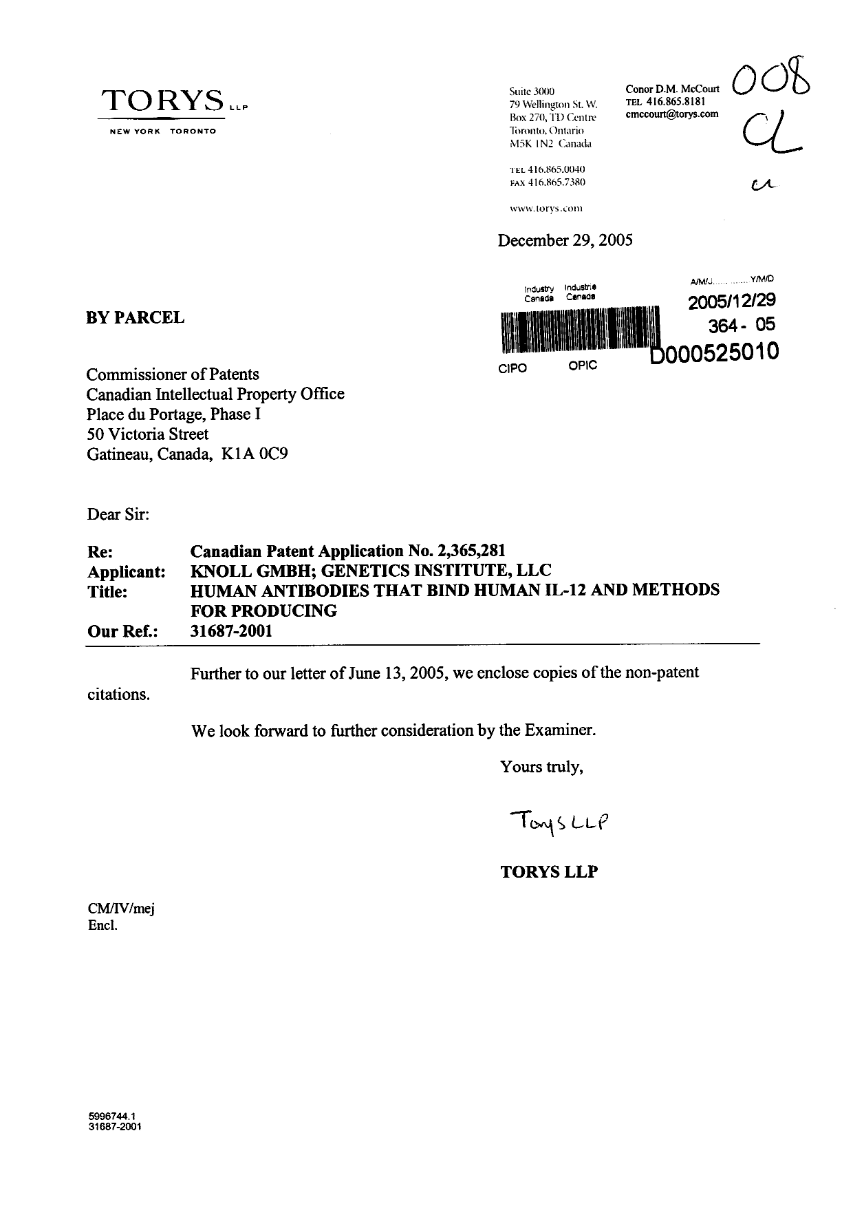 Canadian Patent Document 2365281. Prosecution-Amendment 20041229. Image 1 of 1
