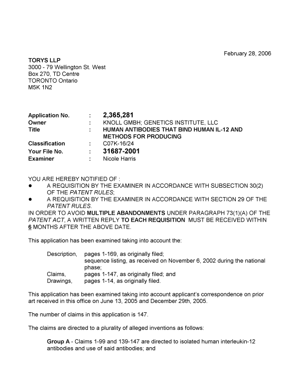 Document de brevet canadien 2365281. Poursuite-Amendment 20051228. Image 1 de 6