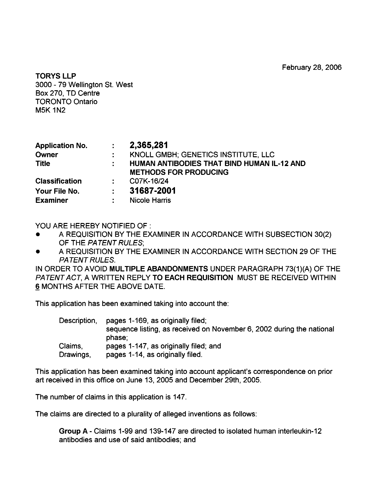 Canadian Patent Document 2365281. Prosecution-Amendment 20051228. Image 1 of 6
